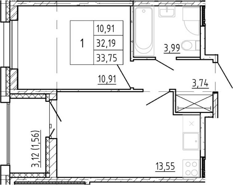 1-комнатная квартира 32.19 м², 10/12 эт., ЖК «Полис Новоселье»
